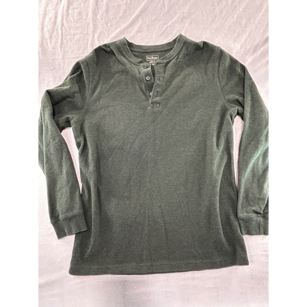 LL Bean Mens Slim Fit Tall Henley Shirt Forest Green Waffle Knit Long Sleeve L T